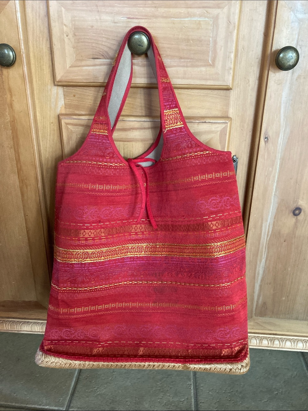Andre Assous Red Woven Tote Bag with Gold Threading - Stylish Everyday Carry